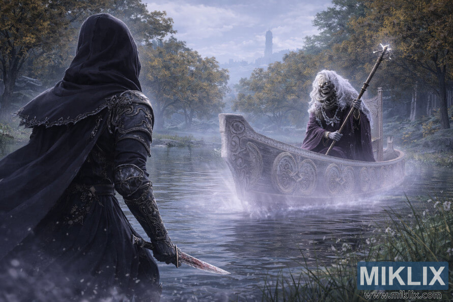 Fan art in stile anime dell'armatura Tarnished in Black Knife sulla sinistra, vista da dietro, di fronte al Tibia Mariner che brandisce un lungo bastone mentre galleggia su una barca spettrale nelle acque nebbiose della Liurnia orientale dei Laghi.