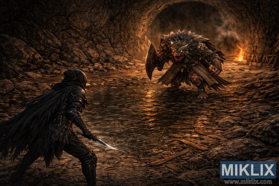 Izometrikus sÃ¶tÃ©t fantasy barlangjelenet, amelyen egy csuklyÃ¡s, pÃ¡ncÃ©los harcos nÃ©z szembe egy szÃ¶rnyeteggel egy sekÃ©ly, fÃ©nyvisszaverÅ medencÃ©ben, harc elÅtt.