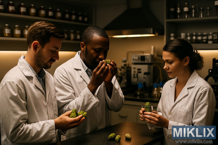 Ang mga mananaliksik sa mga lab coat na sinusuri ang Outeniqua hop cones sa isang mainit-init na laboratoryo na may mga kagamitang pang-analytical at may label na mga sample.