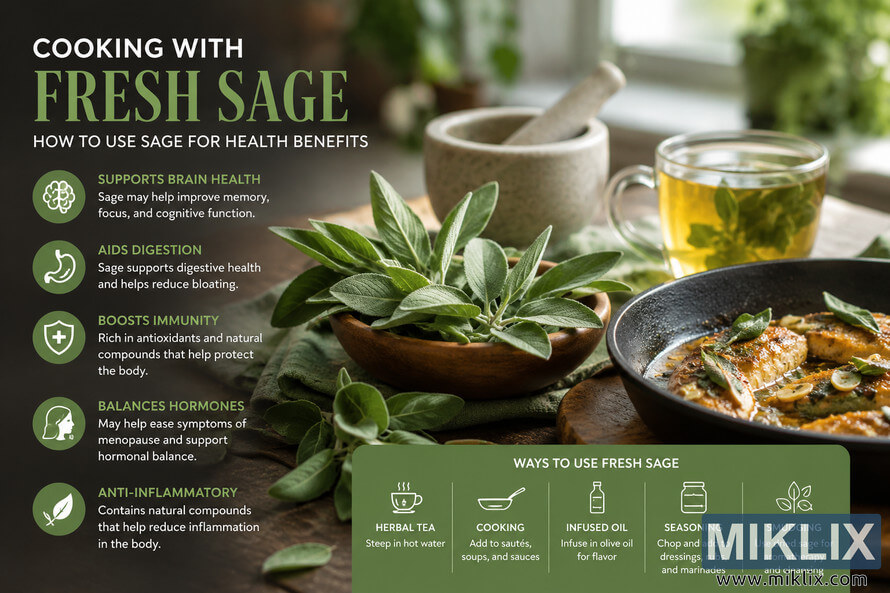 A warm rustic kitchen scene featuring fresh sage leaves in a wooden bowl beside a skillet meal, herbal tea, and a stone mortar and pestle. The image includes an infographic explaining the health benefits of sage such as brain support, digestion, immunity, hormone balance, and anti-inflammatory properties, along with practical ways to use sage in cooking and wellness routines. A warm rustic kitchen scene featuring fresh sage leaves in a wooden bowl beside a skillet meal, herbal tea, and a stone mortar and pestle. The image includes an infographic explaining the health benefits of sage such as brain support, digestion, immunity, hormone balance, and anti-inflammatory properties, along with practical ways to use sage in cooking and wellness routines.