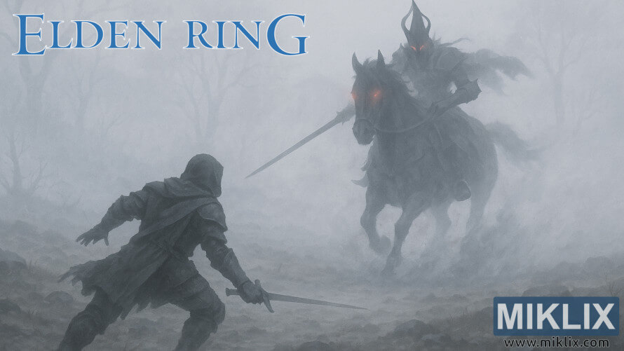 A Tarnished in Black Knife armor faces the Night’s Cavalry in a fog-drenched clearing, horse and rider emerging through pale mist.