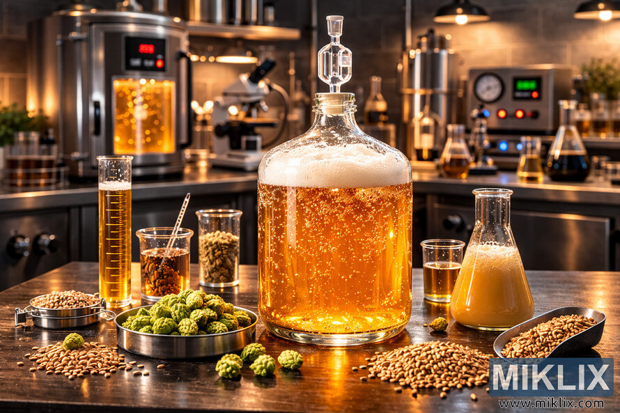 Wide cinematic view of a modern brewing laboratory with a glass carboy of bubbling golden Belgian Saison surrounded by hops, malt, and scientific glassware. Wide cinematic view of a modern brewing laboratory with a glass carboy of bubbling golden Belgian Saison surrounded by hops, malt, and scientific glassware.