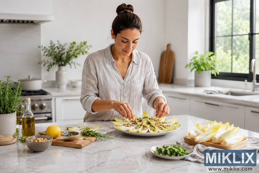 A woman prepares a healthy endive-based meal on a marble kitchen island in a bright modern kitchen filled with natural daylight, fresh herbs, olive oil, and neatly arranged ingredients. A woman prepares a healthy endive-based meal on a marble kitchen island in a bright modern kitchen filled with natural daylight, fresh herbs, olive oil, and neatly arranged ingredients.