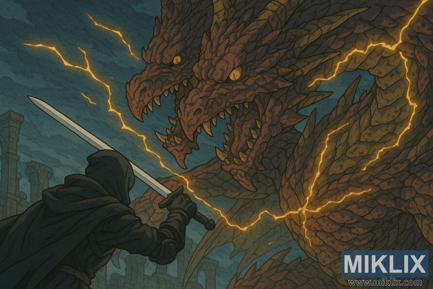 Ilustracija u anime stilu ubice Crnog Noža u bliskoj borbi sa Zmajevim Gospodarom Placidusaxom usred olujnih ruÅ¡evina i zlatnih munja u Elden Ringovom raspadajuÄem Farumu Azula. Ilustracija u anime stilu ubice Crnog Noža u bliskoj borbi sa Zmajevim Gospodarom Placidusaxom usred olujnih ruÅ¡evina i zlatnih munja u Elden Ringovom raspadajuÄem Farumu Azula.