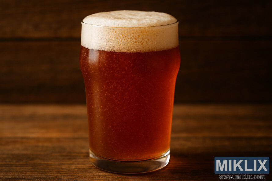 Ein Glas bernsteinfarbenes Roggenbier mit cremiger Schaumkrone auf einer rustikalen HolzoberflÃ¤che.