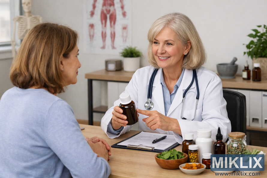 Doctor and patient discussing supplements and herbal remedies during a medical consultation in a bright clinic office.