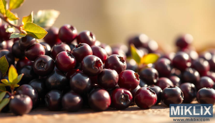 LÃ¤hikuva pulleista aronia-marjoista, jotka hehkuvat lÃ¤mpimÃ¤ssÃ¤ luonnonvalossa.