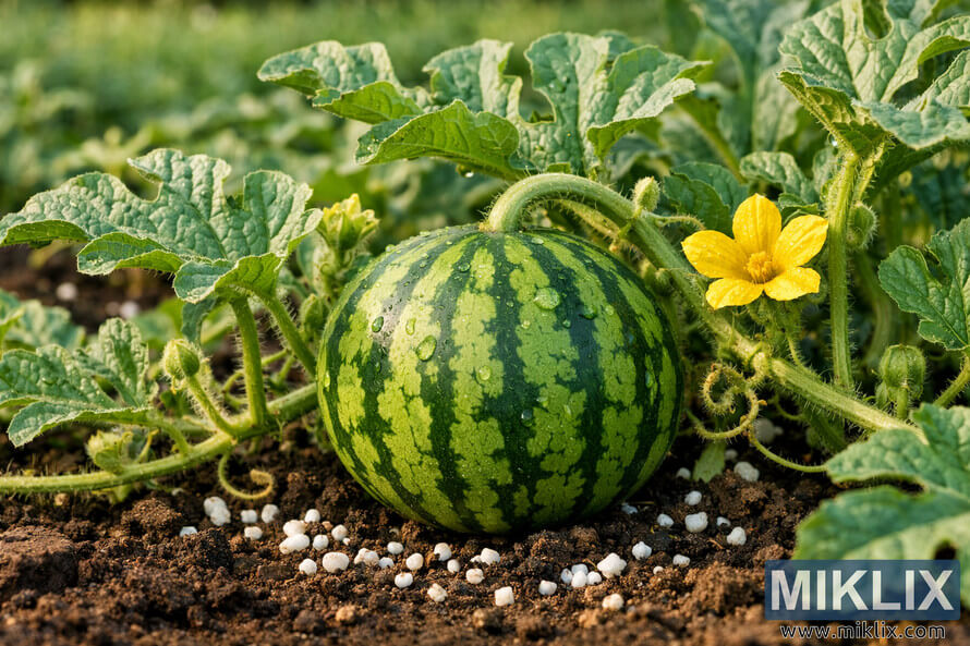 Young watermelon fruit growing on a healthy vine with green leaves, yellow flower, and visible fertilizer granules in rich garden soil. Young watermelon fruit growing on a healthy vine with green leaves, yellow flower, and visible fertilizer granules in rich garden soil.
