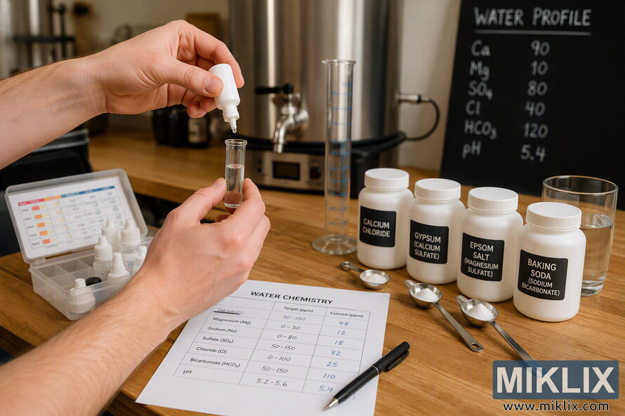 Homebrewing water chemistry setup showing hands using a dropper to add a reagent to a water sample in a test tube. A brewing kettle, measurement cylinder, water testing kit, mineral adjustment containers, measuring spoons, water profile chart, and chemistry worksheet are arranged on a wooden workbench in a brewing environment. Homebrewing water chemistry setup showing hands using a dropper to add a reagent to a water sample in a test tube. A brewing kettle, measurement cylinder, water testing kit, mineral adjustment containers, measuring spoons, water profile chart, and chemistry worksheet are arranged on a wooden workbench in a brewing environment.