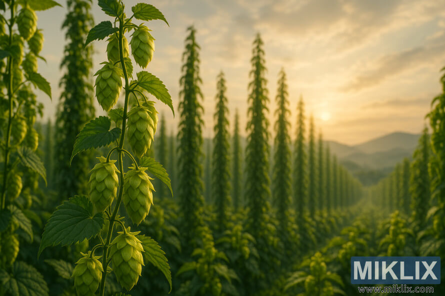 Gros plan sur des cÃ´nes de houblon Shinshuwase dans un champ ensoleillÃ©, avec de hautes tiges de houblon et des collines au loin au coucher du soleil.