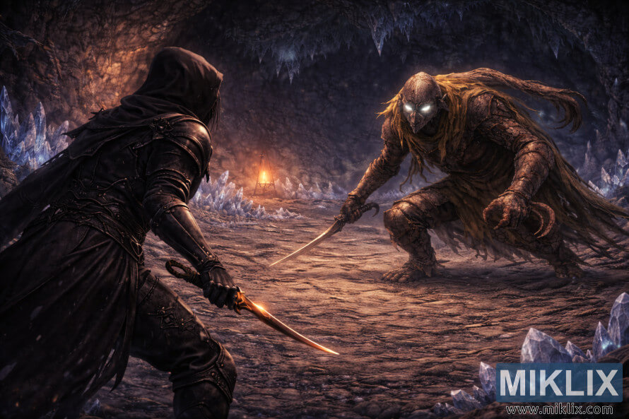 Cena de fantasia em perspectiva sobre o ombro, mostrando o Tarnished com armadura Black Knife encarando o Cavaleiro Bloodhound dentro de uma caverna repleta de cristais, momentos antes do combate.