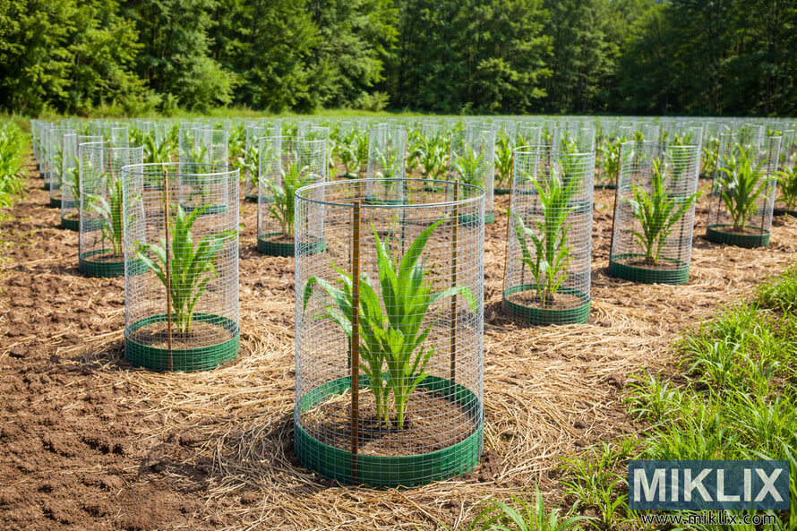 Rows of young corn plants protected by cylindrical wire mesh cages in a cultivated field near a forest edge.