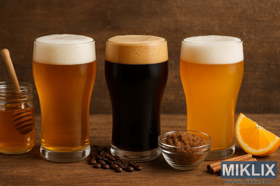 Tre håndverksøl på tre: honningøl, kaffestout og appelsinhvete med tillegg. Tre håndverksøl på tre: honningøl, kaffestout og appelsinhvete med tillegg.