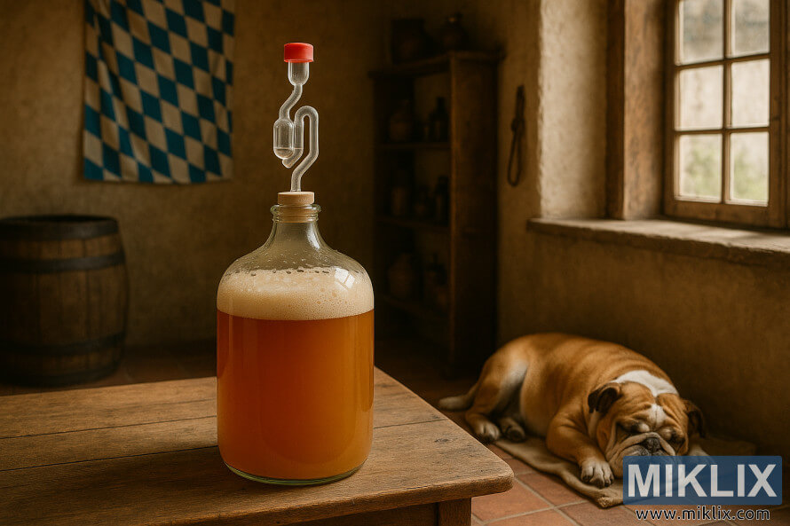 A carboy kaca saka fermentasi hefeweizen ing meja kayu ing kamar Bavarian deso, karo bulldog turu ing kemul cedhak jendhela.