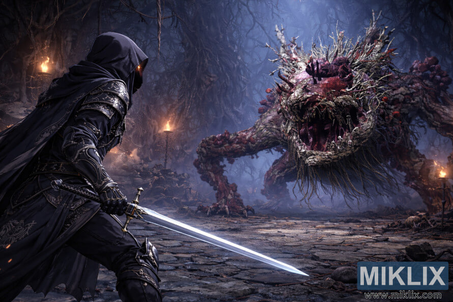 Anime-style fan art of the Tarnished on the left, seen from behind with a sword drawn, facing the Ulcerated Tree Spirit in Fringefolk Hero's Grave moments before combat.