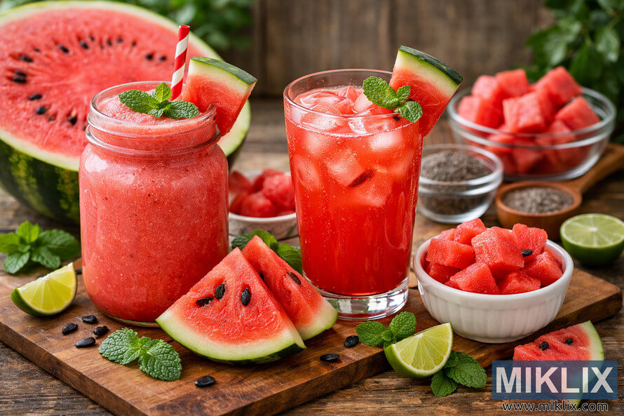 Landscape photo of a rustic wooden table featuring a tall mason jar of thick watermelon smoothie with a striped straw and mint garnish, a clear glass of iced watermelon juice with watermelon and mint on the rim, sliced watermelon wedges, cubed watermelon in a bowl, lime wedges, scattered mint leaves, chia seeds in small bowls, and a halved watermelon in the background, all illuminated by soft natural light. Landscape photo of a rustic wooden table featuring a tall mason jar of thick watermelon smoothie with a striped straw and mint garnish, a clear glass of iced watermelon juice with watermelon and mint on the rim, sliced watermelon wedges, cubed watermelon in a bowl, lime wedges, scattered mint leaves, chia seeds in small bowls, and a halved watermelon in the background, all illuminated by soft natural light.