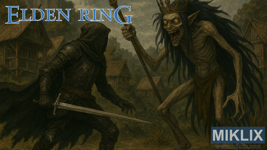 فن المعجبين لشخصية Tarnished في درع Black Knife وهي تقاتل الملكة شبه البشرية Maggie في قرية Hermit في Elden Ring