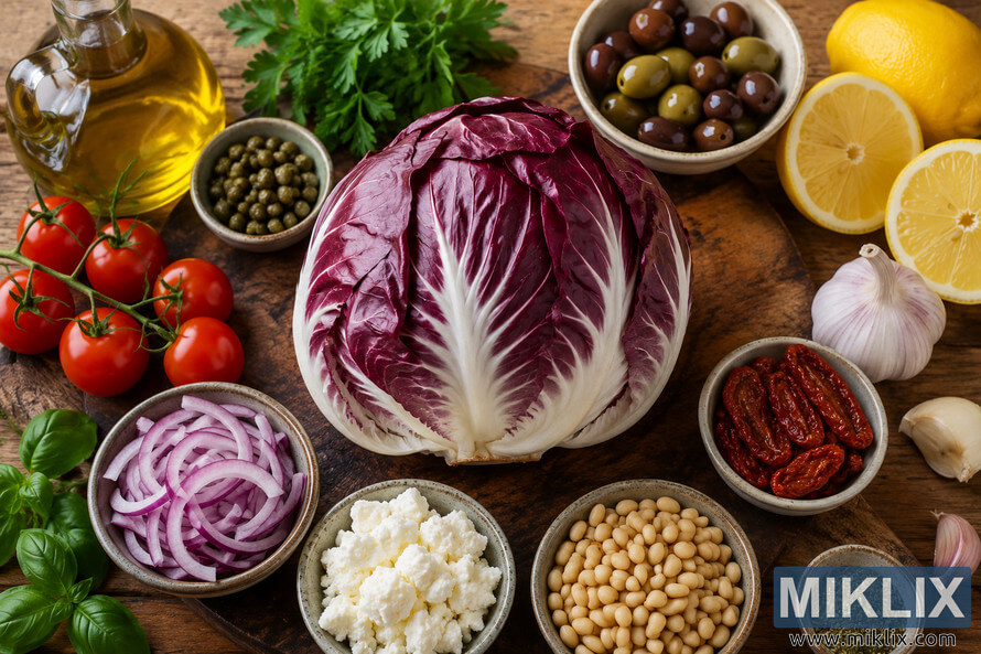 Overhead landscape photograph of a fresh purple radicchio centered on a rustic wooden board, surrounded by Mediterranean ingredients including olive oil, olives, lemons, parsley, basil, cherry tomatoes, sliced red onions, capers, garlic, sun-dried tomatoes, white cheese, beans, and dried herbs. Overhead landscape photograph of a fresh purple radicchio centered on a rustic wooden board, surrounded by Mediterranean ingredients including olive oil, olives, lemons, parsley, basil, cherry tomatoes, sliced red onions, capers, garlic, sun-dried tomatoes, white cheese, beans, and dried herbs.
