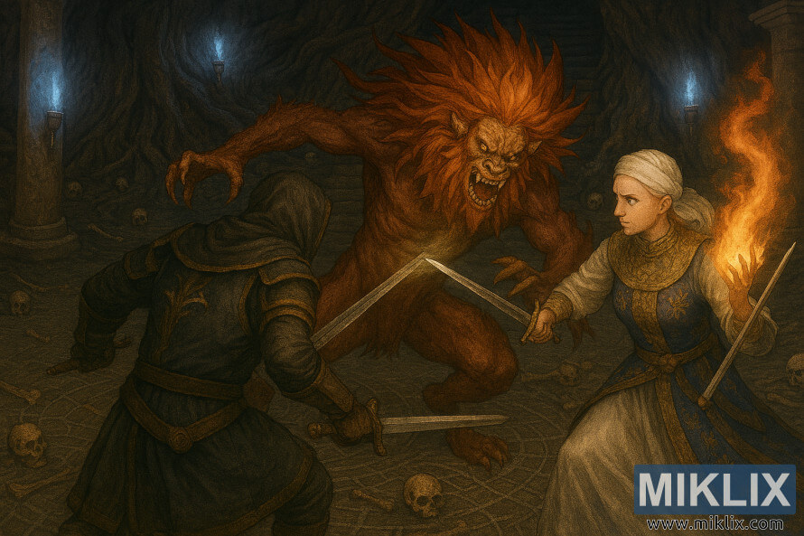 Arte de fan semi-realista de Elden Ring que muestra a Tarnished luchando contra la Perfumista Tricia y el Guerrero IlegÃ­timo en una mazmorra en ruinas.