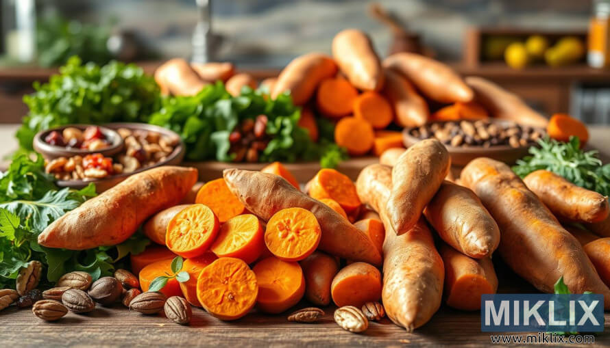 Åwieże sÅodkie ziemniaki z zielonymi liÅÄmi, orzechami i suszonymi owocami na rustykalnym drewnianym stole. Åwieże sÅodkie ziemniaki z zielonymi liÅÄmi, orzechami i suszonymi owocami na rustykalnym drewnianym stole.