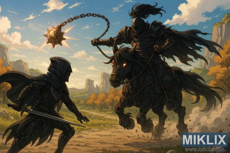Anime-style fan art of the Tarnished battling the Night's Cavalry on horseback in Elden Ring's Altus Plateau.