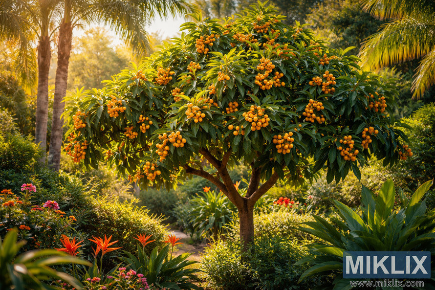 A fruit-laden loquat tree growing in a lush subtropical garden surrounded by tropical plants and flowers in warm sunlight. A fruit-laden loquat tree growing in a lush subtropical garden surrounded by tropical plants and flowers in warm sunlight.