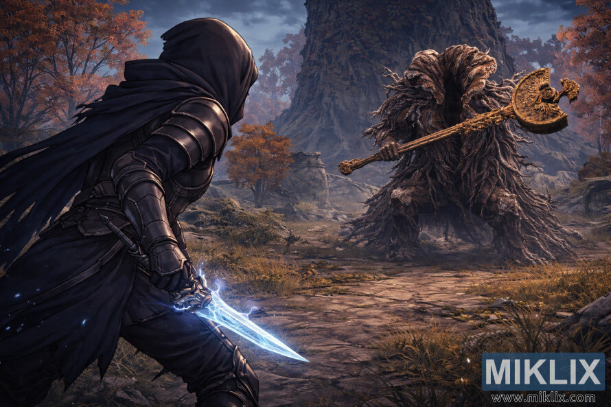 Anime stilindÉ, dÃ¶yÃ¼ÅdÉn ÉvvÉl daÄÄ±lmÄ±Å payÄ±z mÉnzÉrÉsindÉ Erdtree Avatar bossunun solda Qara BÄ±Ã§aqlÄ± Tarnished zirehinin tÉsvir olunduÄu sÉhnÉ.