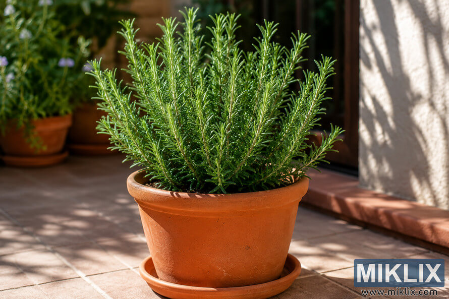 A healthy rosemary plant with dense green foliage growing in a terracotta pot on a sunlit patio, illuminated by warm natural light with a softly blurred garden background. A healthy rosemary plant with dense green foliage growing in a terracotta pot on a sunlit patio, illuminated by warm natural light with a softly blurred garden background.