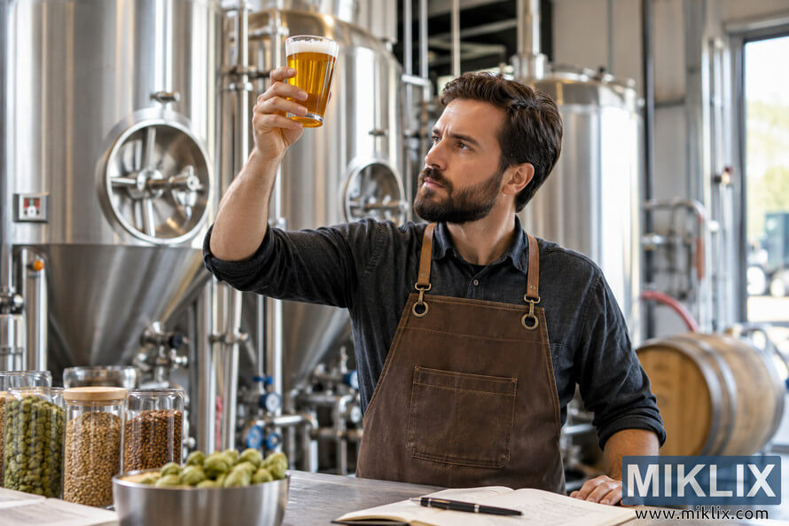 Professional brewer in a brown work apron raises a glass of golden beer toward the light to examine its color and clarity inside a craft brewery with stainless-steel tanks, hops, grains, a wooden barrel, and an open notebook.