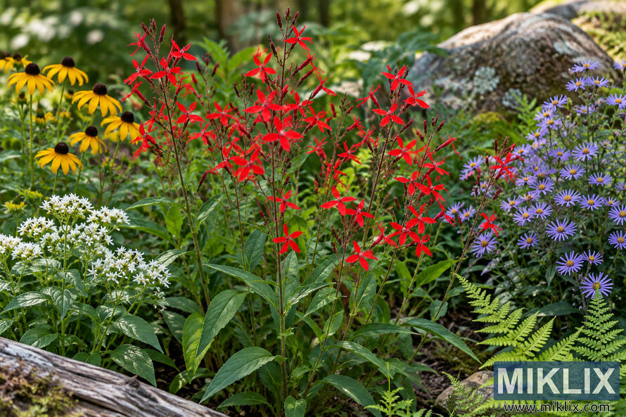 Vivid red star-shaped flowers surrounded by yellow and purple blooms, white flower clusters, green ferns, rocks, and a weathered log in a woodland garden.