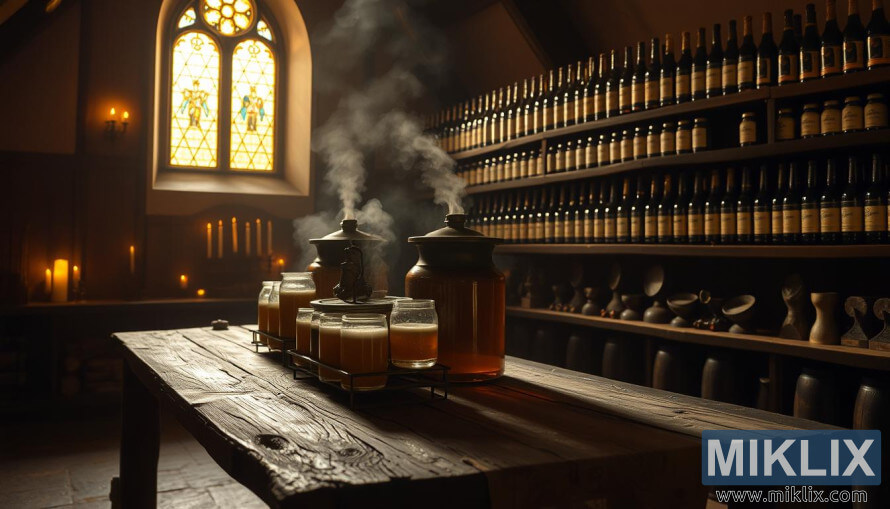 촛불로 빛나는 수도원 양조실, 숙성 병이 놓인 선반과 스테인드 글라스 창문 아래 나무 테이블 위에 김이 모락모락 나는 발효 용기가 놓여 있습니다. 촛불로 빛나는 수도원 양조실, 숙성 병이 놓인 선반과 스테인드 글라스 창문 아래 나무 테이블 위에 김이 모락모락 나는 발효 용기가 놓여 있습니다.