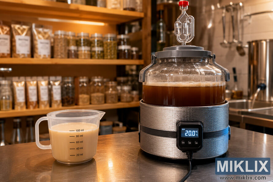 Close-up landscape photo of a sanitized home brewing setup featuring a clear measuring cup filled with creamy liquid yeast slurry in the foreground and a temperature-controlled fermentation vessel with bubbling airlock in the middle ground. Warm lighting highlights the clean stainless-steel workspace, while softly blurred shelves stocked with brewing ingredients and equipment create depth in the background.