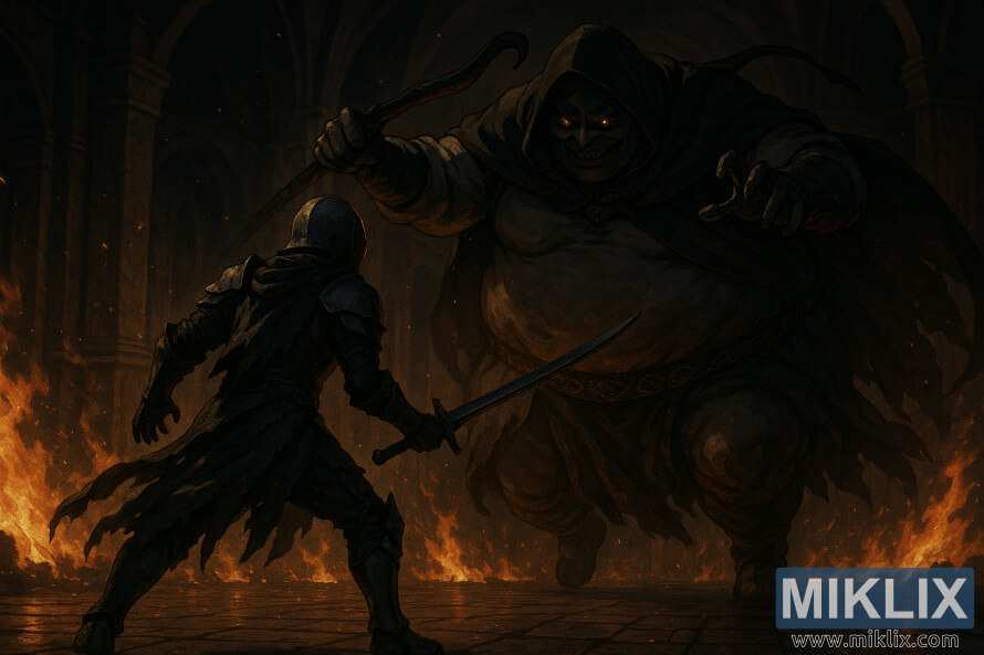 PolurealistiÄna scena u kojoj se Potamnjeli suoÄava s PlemiÄem BoÅ¾anske KoÅ¾e u goruÄoj dvorani Vulkanskog Dvorca.