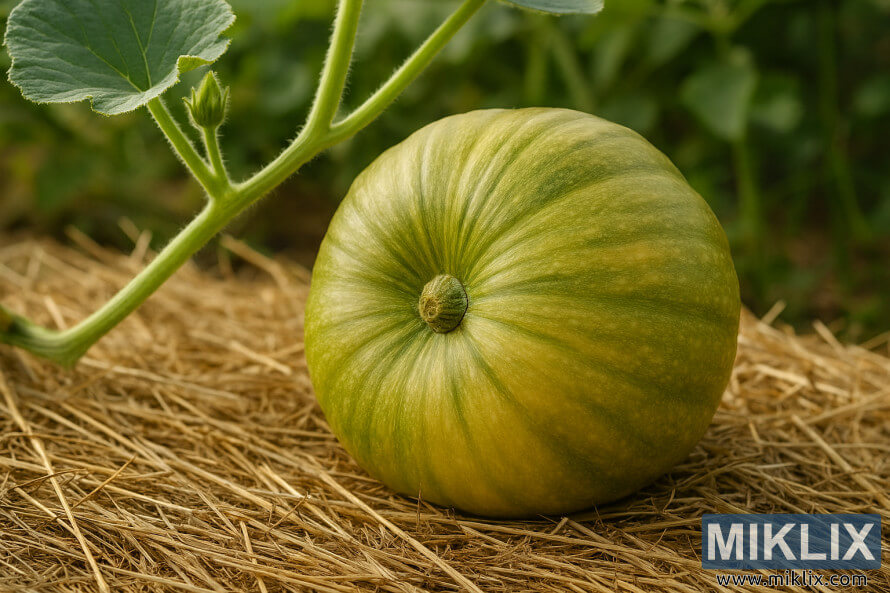 A developing pumpkin placed on straw to prevent soil contact while growing