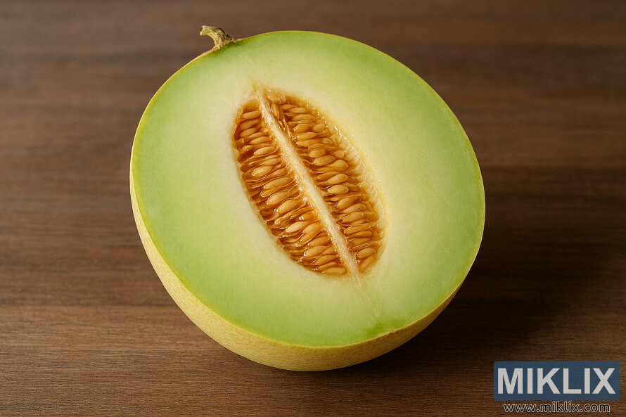 Halved honeydew melon showing pale green flesh and seed cavity on wooden surface Halved honeydew melon showing pale green flesh and seed cavity on wooden surface