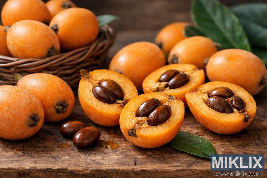 A high-resolution photo of whole and halved loquat fruits arranged on a rustic wooden surface, showing their golden-orange flesh and glossy brown seeds. A high-resolution photo of whole and halved loquat fruits arranged on a rustic wooden surface, showing their golden-orange flesh and glossy brown seeds.