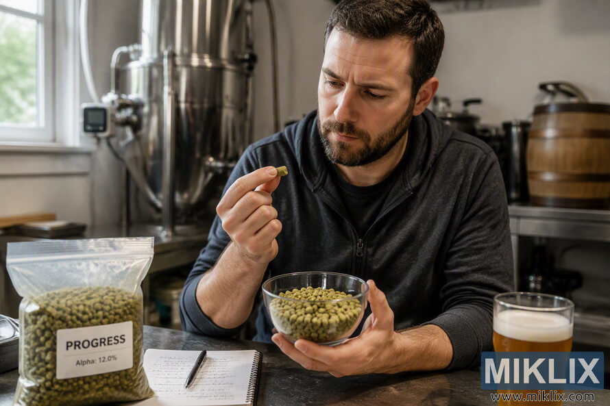 A homebrewer seated at a brewing workstation closely examines a single hop pellet while holding a glass bowl filled with hop pellets. A labeled bag of Progress hop pellets sits on the table beside brewing notes, with stainless steel brewing equipment and a glass of pale beer visible in the background. A homebrewer seated at a brewing workstation closely examines a single hop pellet while holding a glass bowl filled with hop pellets. A labeled bag of Progress hop pellets sits on the table beside brewing notes, with stainless steel brewing equipment and a glass of pale beer visible in the background.