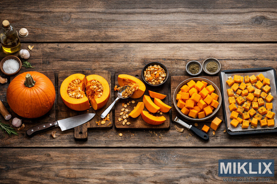 A detailed photographic collage showing the step-by-step process of preparing a pumpkin, from whole to seasoned cubes on a baking sheet.