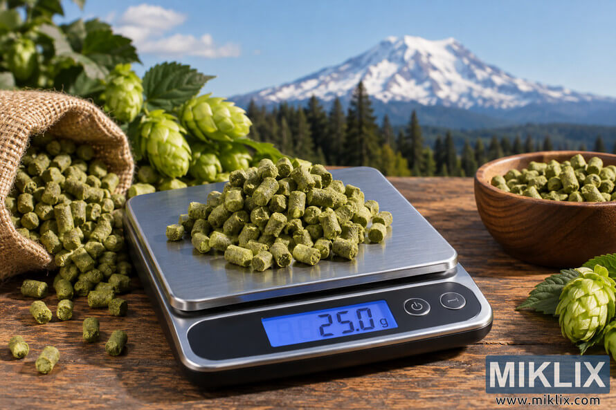 Green hop pellets weighing 25.0 g on an unbranded digital scale, surrounded by fresh hop cones, a burlap sack and a wooden bowl, with evergreen forest and a snow-covered Mount Rainier-inspired mountain in the background. Green hop pellets weighing 25.0 g on an unbranded digital scale, surrounded by fresh hop cones, a burlap sack and a wooden bowl, with evergreen forest and a snow-covered Mount Rainier-inspired mountain in the background.