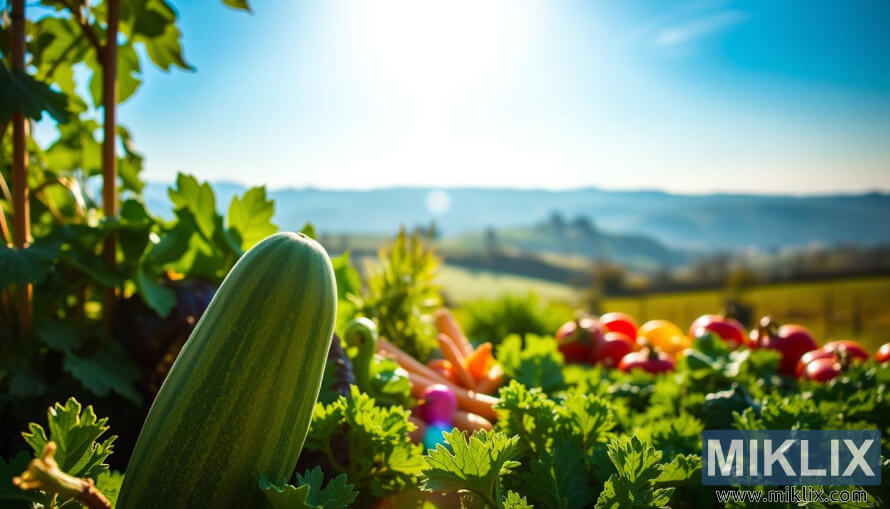 Friss uborka a kertben leveles zÃ¶ldsÃ©gekkel, sÃ¡rgarÃ©pÃ¡val Ã©s paradicsommal aranylÃ³ napfÃ©nyben Ã©s vidÃ©ki hÃ¡ttÃ©rrel.