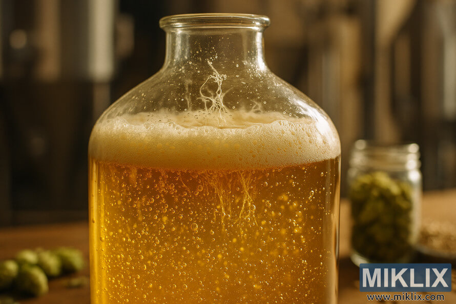 Close-up of a glass vessel fermenting golden Mexican lager with bubbles, froth, and brewery background Close-up of a glass vessel fermenting golden Mexican lager with bubbles, froth, and brewery background