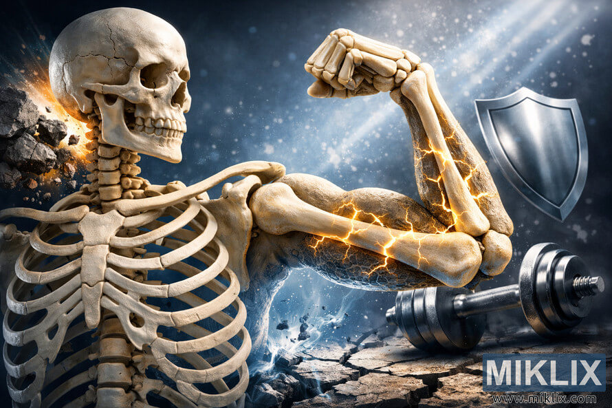 A detailed digital artwork showing a glowing human skeleton flexing its arm, surrounded by light effects, rocks, and symbols of strength. A detailed digital artwork showing a glowing human skeleton flexing its arm, surrounded by light effects, rocks, and symbols of strength.