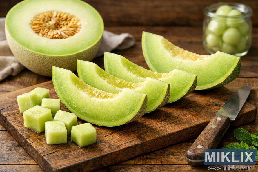 High-resolution landscape photo of freshly sliced honeydew melon on a rustic wooden cutting board, featuring a halved melon with visible seeds, a row of crescent-shaped green slices, bite-sized melon cubes, a larger wedge, a stainless steel knife with a wooden handle, a beige linen cloth in the background, a small glass jar of melon balls, and scattered mint leaves, all softly lit against a warm, blurred wooden backdrop.
