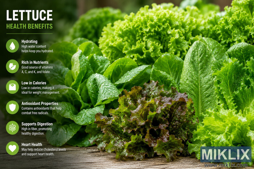 A high-resolution landscape image featuring multiple varieties of fresh green lettuce covered in sparkling water droplets on a rustic wooden surface. The image includes crisp romaine, curly leaf, butterhead, and red leaf lettuce arranged in a vibrant composition with a soft blurred garden background. On the left side, a clean infographic-style overlay highlights key health benefits such as hydration, nutrients, antioxidants, digestion support, low calories, and heart health. A high-resolution landscape image featuring multiple varieties of fresh green lettuce covered in sparkling water droplets on a rustic wooden surface. The image includes crisp romaine, curly leaf, butterhead, and red leaf lettuce arranged in a vibrant composition with a soft blurred garden background. On the left side, a clean infographic-style overlay highlights key health benefits such as hydration, nutrients, antioxidants, digestion support, low calories, and heart health.