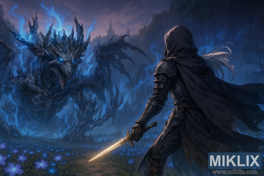 Anime-style fan art of Tarnished in Black Knife armor fighting Ghostflame Dragon on Moorth Highway