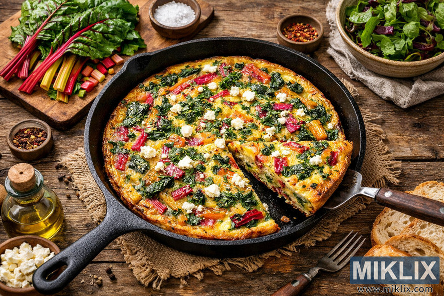 Golden rainbow chard frittata in a cast iron skillet on a rustic wooden table with fresh ingredients and herbs