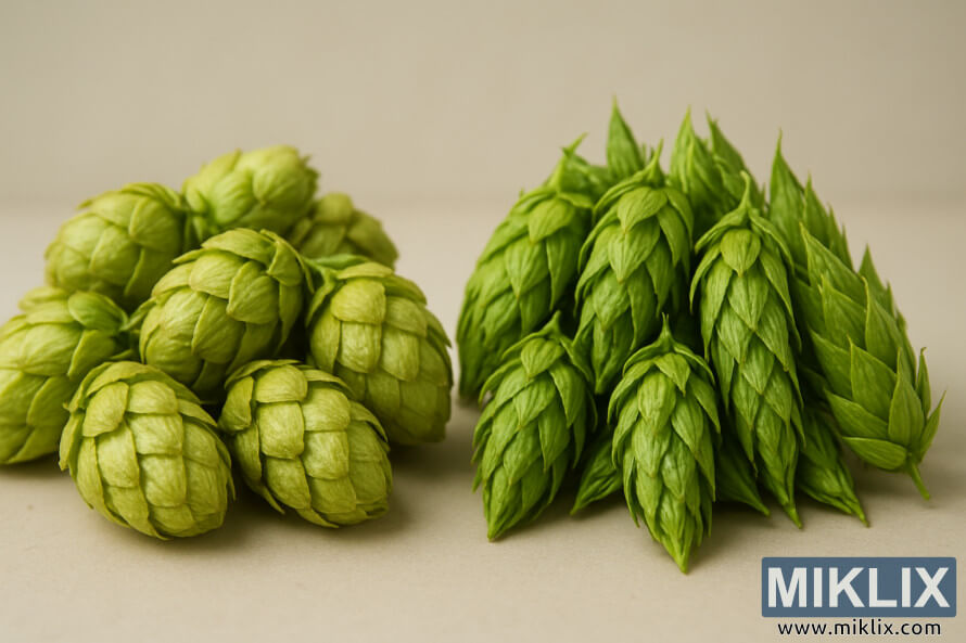 Close-up of Hallertau hops beside slender noble hops, both freshly harvested and lit to show subtle color and texture differences.