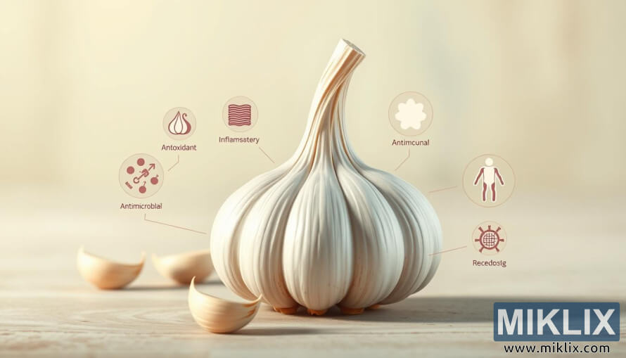 Digitale illustratie van een verse knoflookbol met pictogrammen die de antioxiderende en immuunversterkende voordelen ervan laten zien.