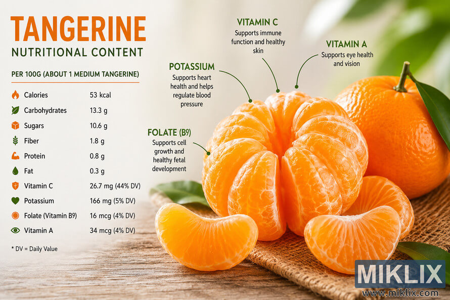 Landscape infographic-style image showing whole and peeled tangerines with highlighted fruit segments beside a nutritional information panel featuring calories, carbohydrates, fiber, protein, fat, potassium, folate, vitamin A, and vitamin C in a clean, naturally lit composition. Landscape infographic-style image showing whole and peeled tangerines with highlighted fruit segments beside a nutritional information panel featuring calories, carbohydrates, fiber, protein, fat, potassium, folate, vitamin A, and vitamin C in a clean, naturally lit composition.