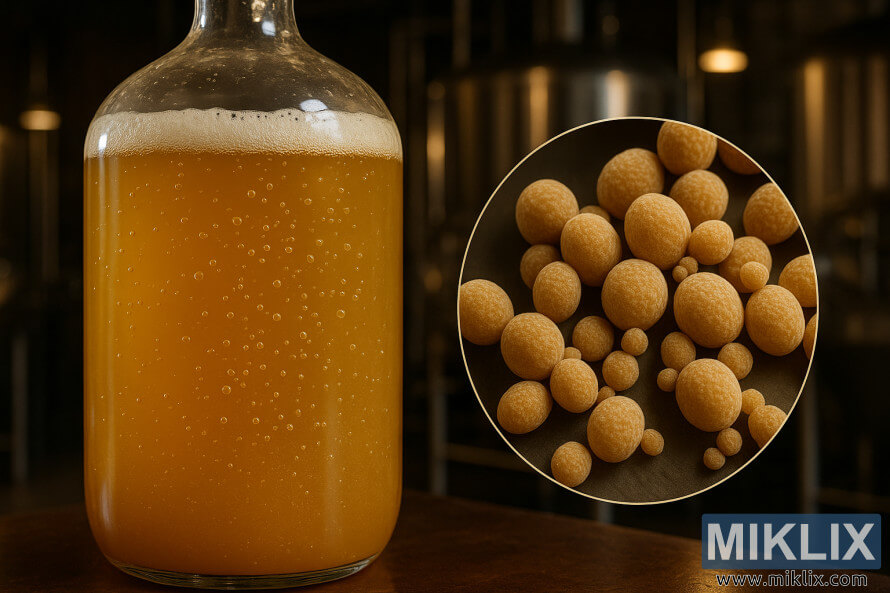 Glasfermenteringsbeholder med uklar gylden vÃ¦ske og forstÃ¸rrede gÃ¦rceller.